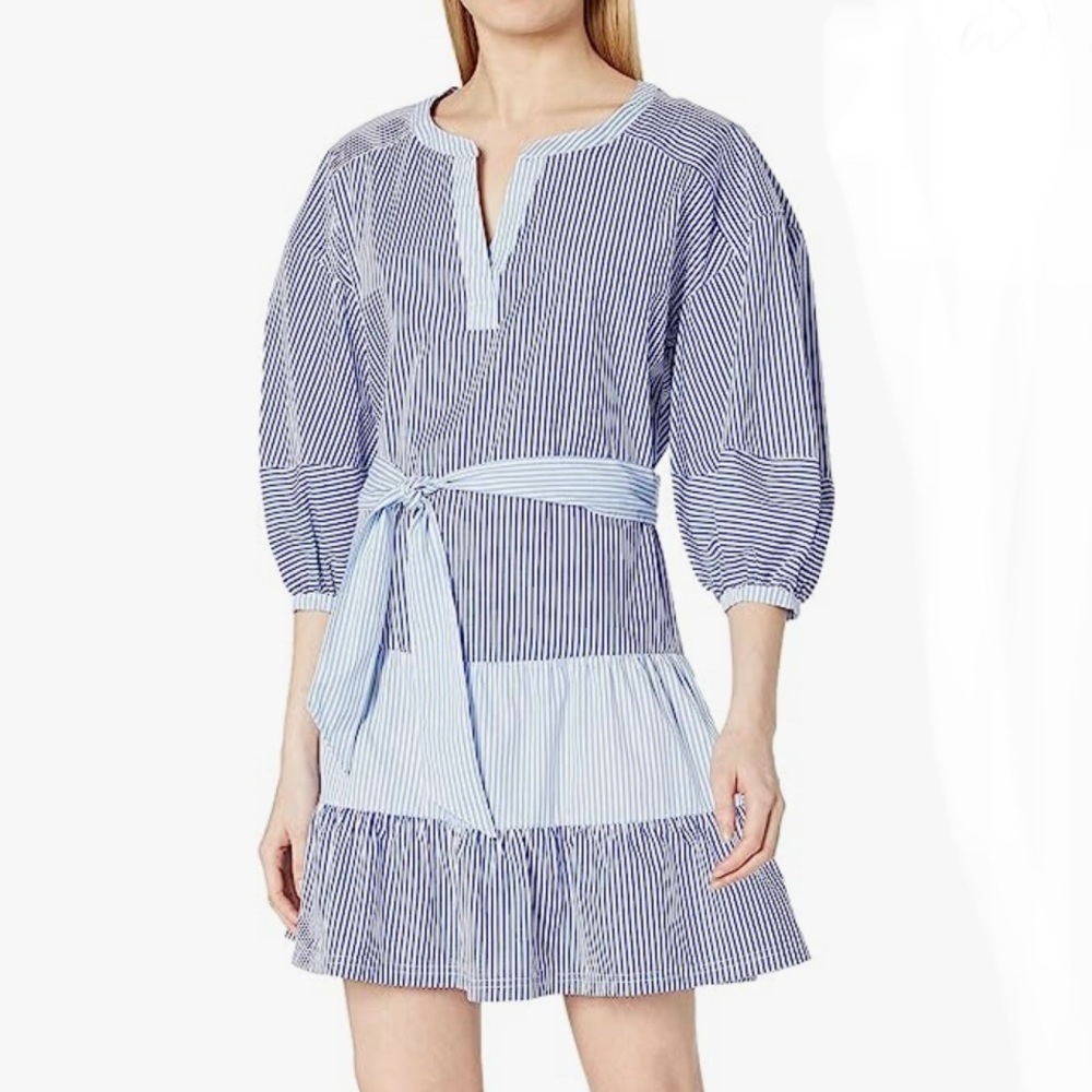 NWT PARKER Cotton Dress, Tie Waist, Coastal Stripe, blue and white